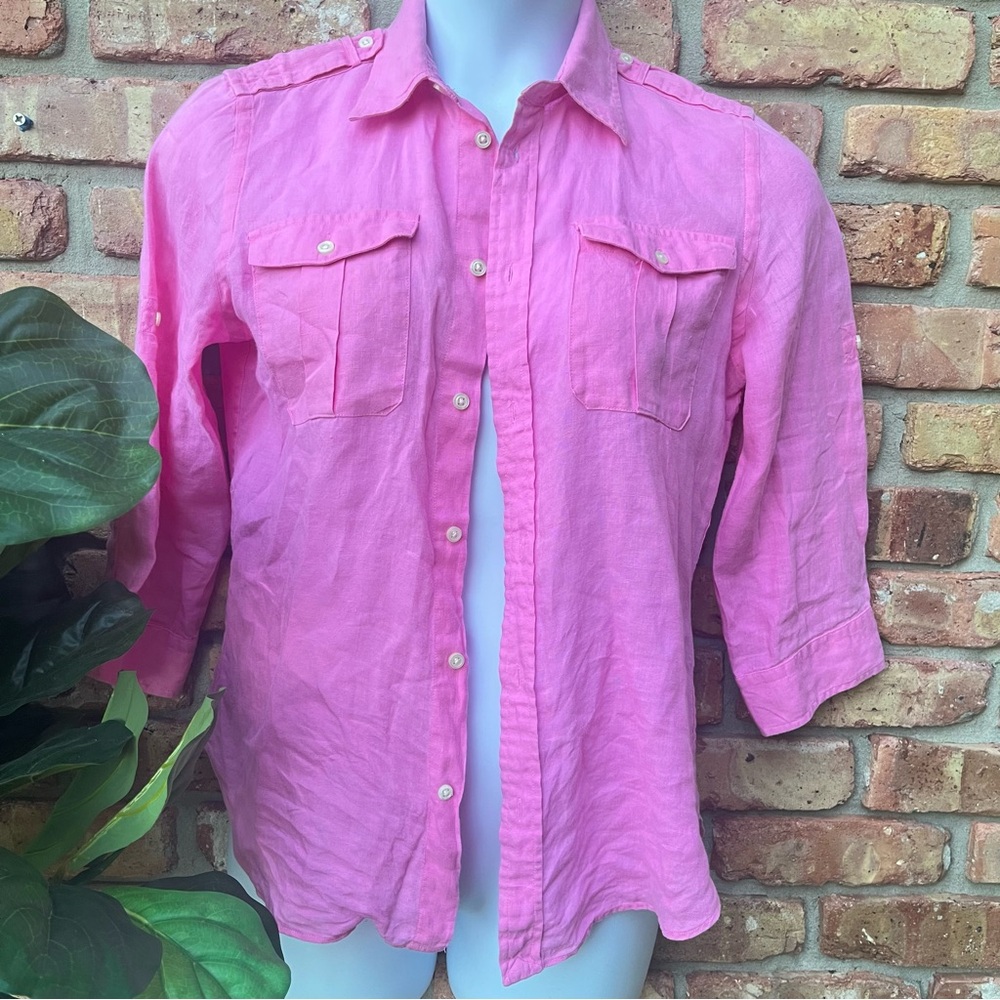 RALPH LAUREN SPORT PINK LINEN BUTTON DOWN BREAST FLAP POCKET LONG SLEEVE COLLAR